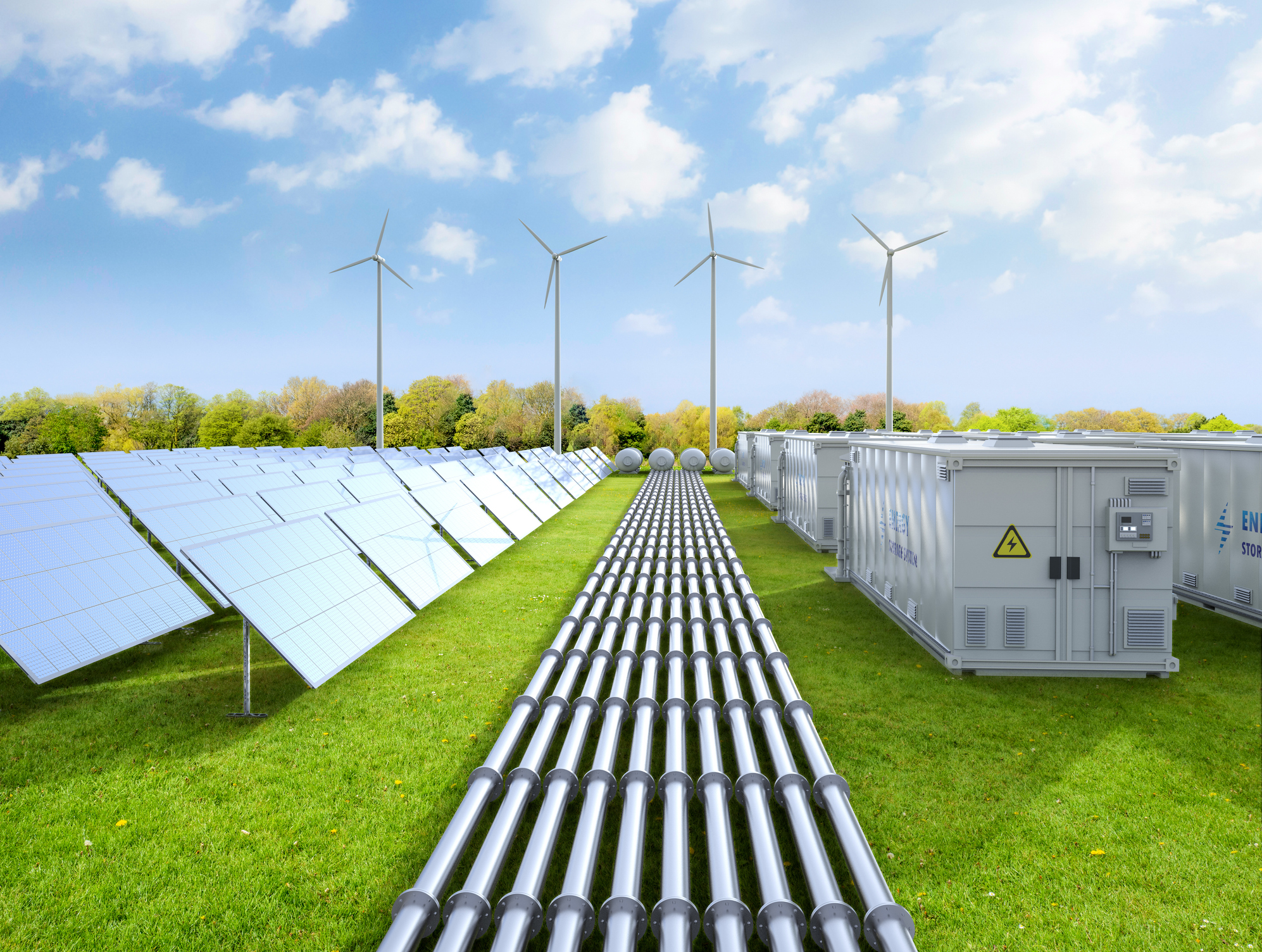 Solar PV panels with battery storage and wind turbines